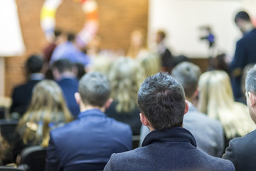 Mediation at The Round Table.Group of Professional Mediators Presenting at the Round Table on Stage Before the Audience.