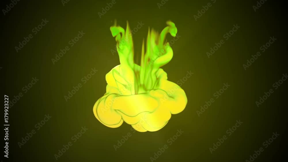 Poster 3d animation of flow of yellow green ink inject in water in slow motion on dark green background. us