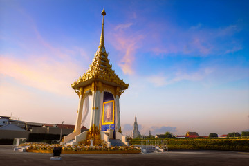 The replica of royal crematorium of His Majesty late King Bhumibol Adulyadej  at  Nakaphirom Park on the opposite side of Wat Arun Temple