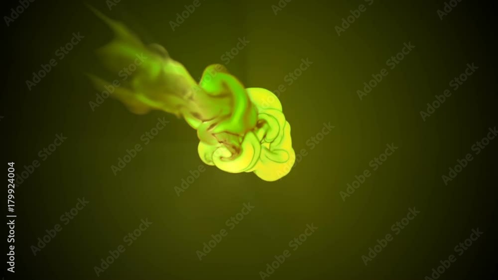 Poster 3d animation of flow of yellow green ink inject in water in slow motion on dark green background. us