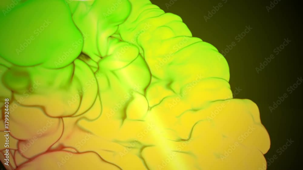 Poster 3d animation of flow of yellow green ink inject in water in slow motion on dark green background. us