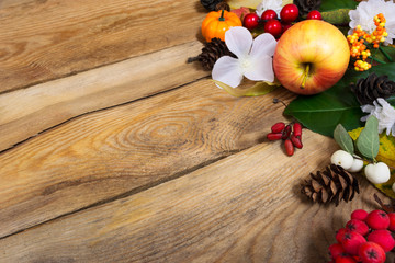 Thanksgiving background with apple, autumn leaves and white flowers