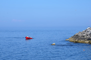 Red fishing boat in Portland, Maine
