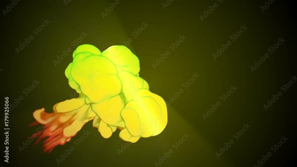 Poster 3d animation of flow of yellow green ink inject in water in slow motion on dark green background. us