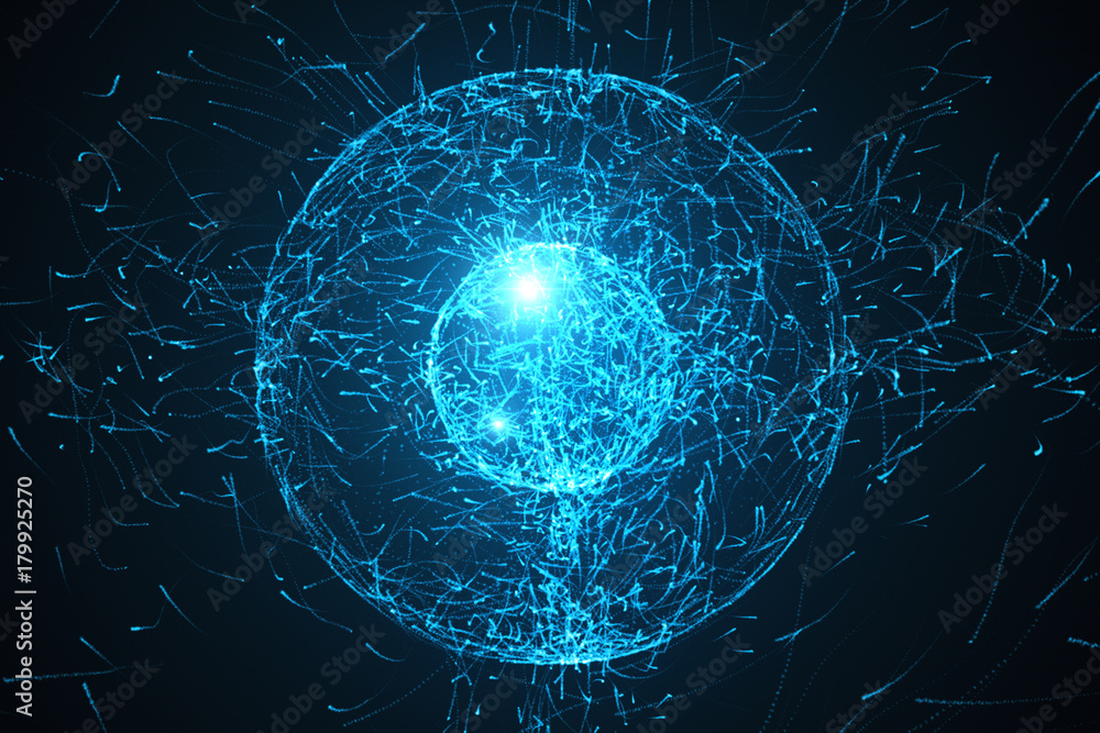 Poster loopable abstract particles background with sphere shapes that have been heavily deformed by noise d