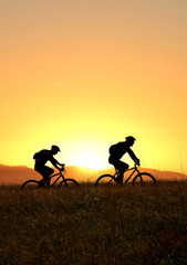 Fototapeta na wymiar Mountain bikers on a trail at sunset
