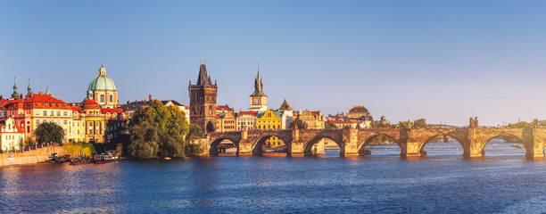 Skyline view panorama of Charles bridge (Karluv Most) with Old Town in Prague. Czech Republic