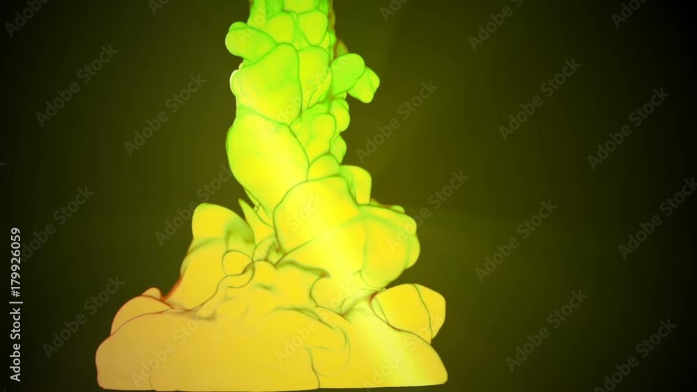 Poster 3d animation of flow of yellow green ink inject in water in slow motion on dark green background. us