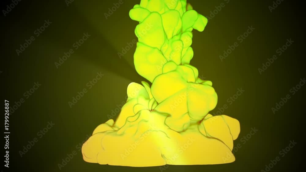 Poster 3d animation of flow of yellow green ink inject in water in slow motion on dark green background. us
