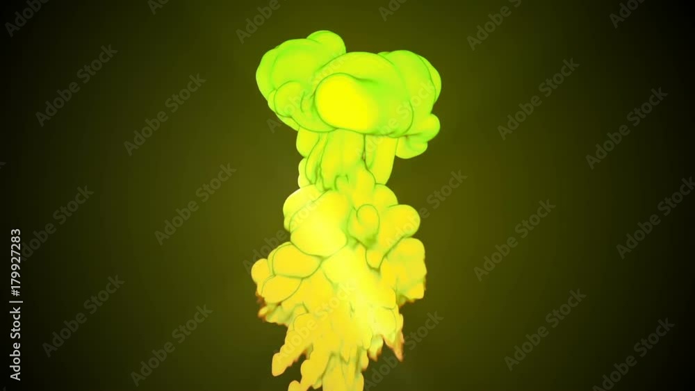 Poster 3d animation of flow of yellow green ink inject in water in slow motion on dark green background. us