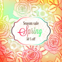 Spring Sale season banner or flyer with colorful rose flowers, Leaves and bokeh, with soft pastel background for Spring Seasonal Promotion or decoration.