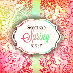 Spring Sale season banner or flyer with colorful rose flowers, Leaves and bokeh, with soft pastel background for Spring Seasonal Promotion or decoration.