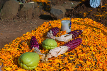 Sobre la tumba hay pétalos de flor, maíz, chayote y una vela.