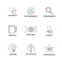 Modern Flat thin line Icon Set in Concept of Business Core Values with word Happiness,Empowerment,Transparency,Principle, Mind map,Loyalty,Wisdom,Key Success,Professional.Editable Stroke.