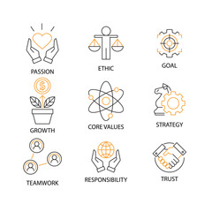 Modern Flat thin line Icon Set in Concept of Business Core Values with word Passion,Ethic,Goal,Growth,Core Value,Strategy,Teamwork,Responsibility,Trust.Editable Stroke.