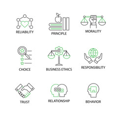 Modern Flat thin line Icon Set in Concept of Business Ethics with word Reliability,Principle,Morality,Choice,Business Ethic,Responsibility,Trust,Relationship,Behavior.Editable Stroke.