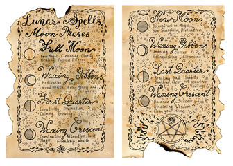 Worn pages of old book with magic spells. Vintage background with moon phases and hand writing text on old pages
