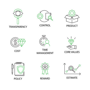 Modern Flat thin line Icon Set in Concept of Business and Management with word Transparency,Control,Product,Cost,Time Management,Core Values,Policy,Reward,Estimate.Editable Stroke.