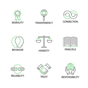 Modern Flat thin line Icon Set in Concept of Business Ethics with word Morality,Transparency,Connection,Behavior,Honesty,Principle,Reliability,Trust,Responsibility.Editable Stroke.