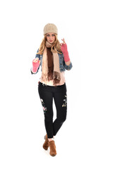 full length portrait of cute girl wearing autumn fashion, standing pose isolated on white background.