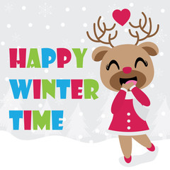 Cute reindeer girl is happy in winter time vector cartoon illustration for Christmas card design, wallpaper and greeting card 