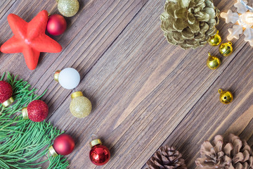 Christmas star and pine cones on vintage wooden background,celebration theme happiness party