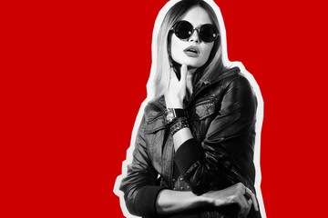 Fashion collage in magazine style of young hipster woman in sunglasses.