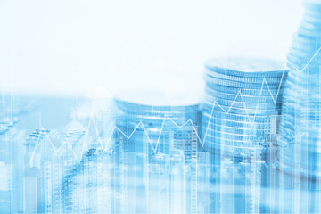 Double exposure of stacks of coins and account book or credit card with financial graph and city background, finance business concept.