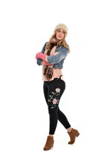 full length portrait of cute girl wearing autumn fashion, standing pose isolated on white background.