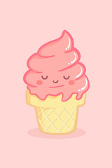 Cute Twist Swirl Ice Cream Cone Strawberry Vector Illustration Cartoon