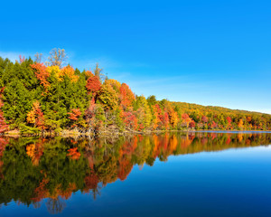 Fall landscape and autumn trees reflection at Bays Mountain Lake in Kingsport, Tennessee