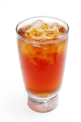 A cup of ice black tea on white background
