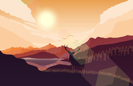 Mountains landscape with deer on the hills at sunset