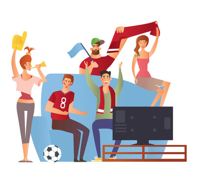 Group of sport fans with football attributes cheering for the team in front of TV-set on a couch. Flat vector illustration on a white background. Cartoon character image.