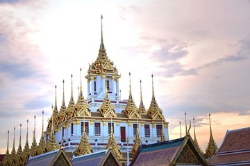 Loha Prasat , The metallic castle covered with gold leaf at of Wat Ratchanadda Temple in Bangkok, Thailand.