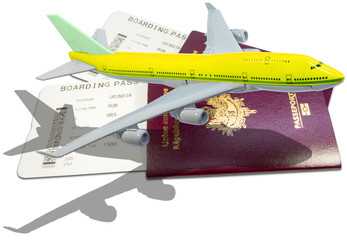avion jaune sur passeports et carte d'accès à bord