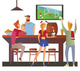 Beer bar - Restaurant. Football fans cheering for the team in a bar. Football match, bar with bartender, alcohol drink. Flat vector illustration on white background. Cartoon character image.