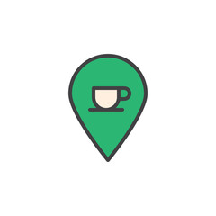 Coffee shop location with coffee cup filled outline icon, line vector sign, linear colorful pictogram isolated on white. Symbol, logo illustration. Pixel perfect vector graphics