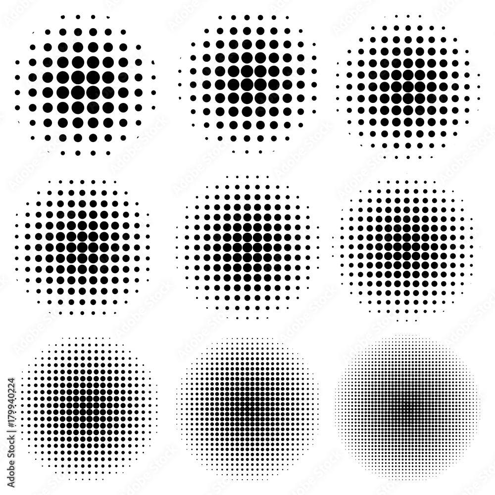 Poster Set the circle effect halftone dot pattern, vector to create a pop art design, comic rays style halftone
