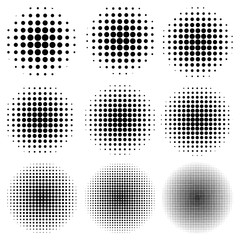 Set the circle effect halftone dot pattern, vector to create a pop art design, comic rays style halftone