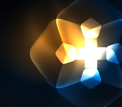 Glowing glass transparent pentagans, geometric abstract digital background