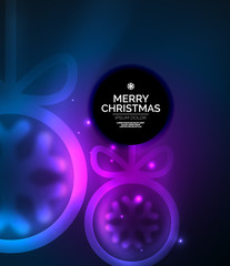 Christmas baubles, vector magic dark background with glowing New Year spheres