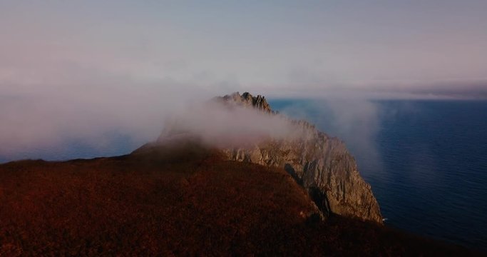 Aerial view of Ocean cliff, steep rocky coastline, Sikhote-Alin Nature Reserve, a biosphere reserve in Russia for the endangered Siberian tiger founded in 1935. 