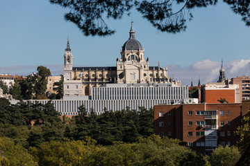 Almudena Cathedral and the Royal Palace of Madrid seen from the other side of the Manzanares River