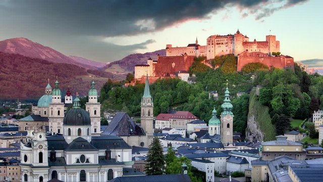 Time lapse of Salzburg castle, Austria at sunset