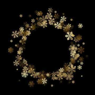 Black Winter Background With Golden Snowflakes.