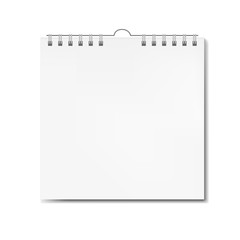 Realistic blank vector square calendar on spiral mockup. Clear wall book of month front view page with shadow, almanac