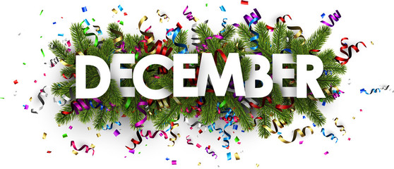 Festive december banner with colorful serpentine. - obrazy, fototapety, plakaty