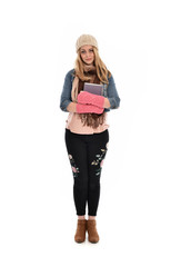 full length portrait of a cute girl wearing fall fashion, standing pose on white background.