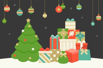 Christmas hanging balls, Pile of present boxes and Christmas tree on snow floor, flat design vector